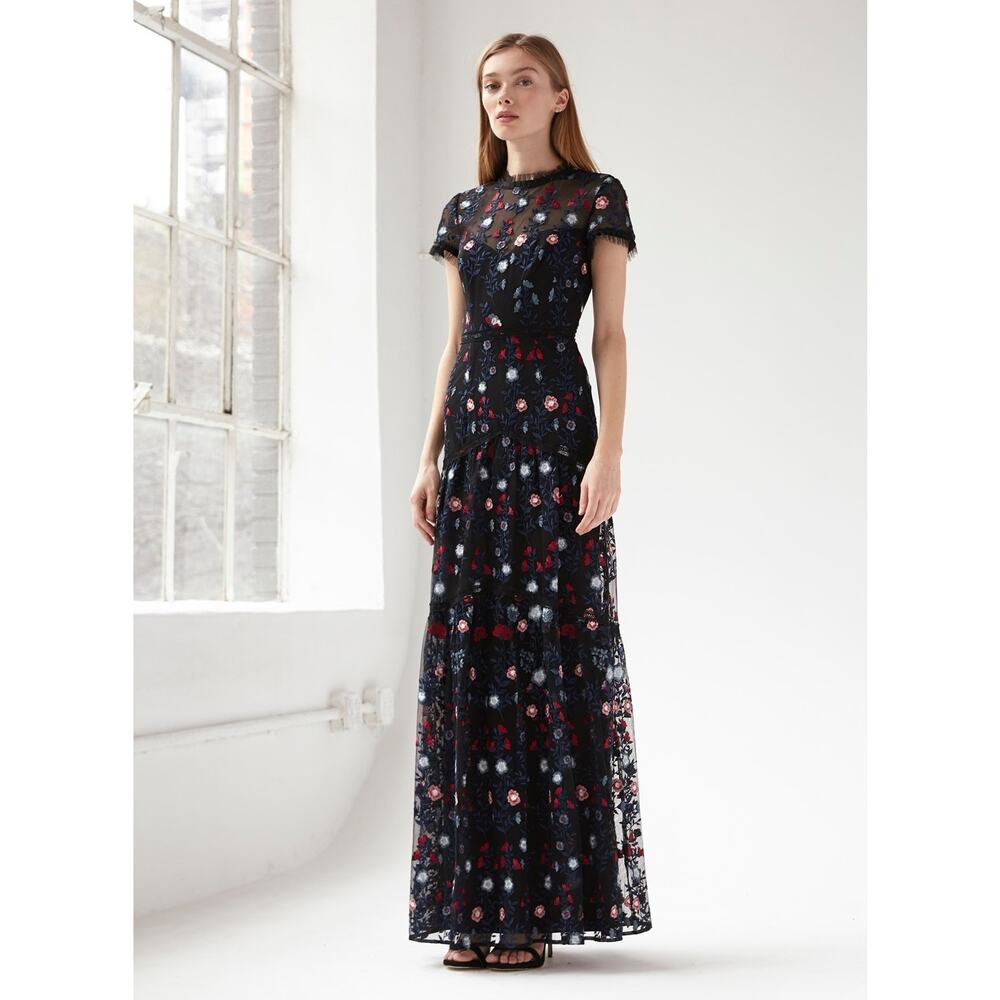 Monique Lhuillier Floral Embroidered Tiered Lace Column Maxi Gown Dress Size 4